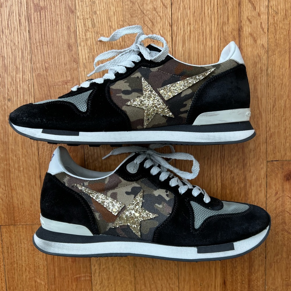 Golden Goose Black Camouflage Sneakers with Gold Star Accent
